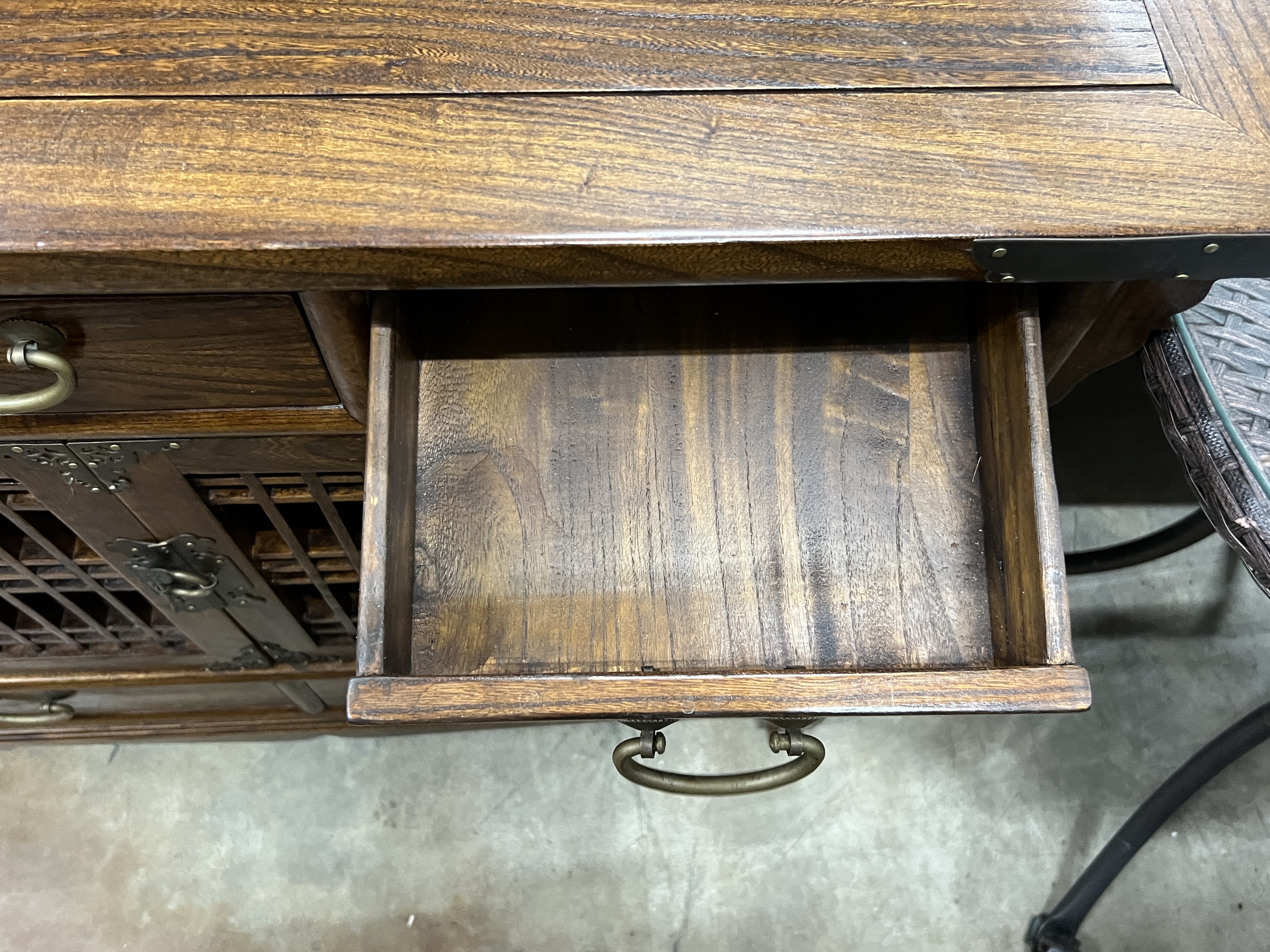 A Chinese brass mounted hardwood side cabinet, width 100cm, depth 35cm, height 82cm